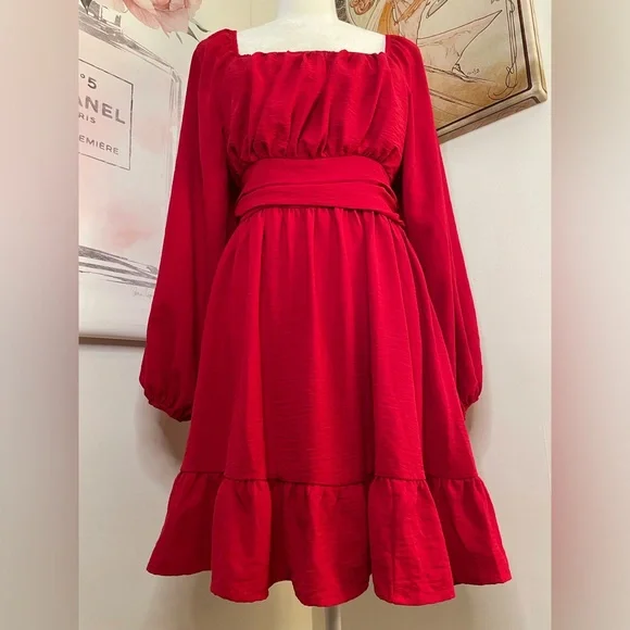 Long Sleeve Mini Dress Ties in Back Size M Red - Picture 3 of 15